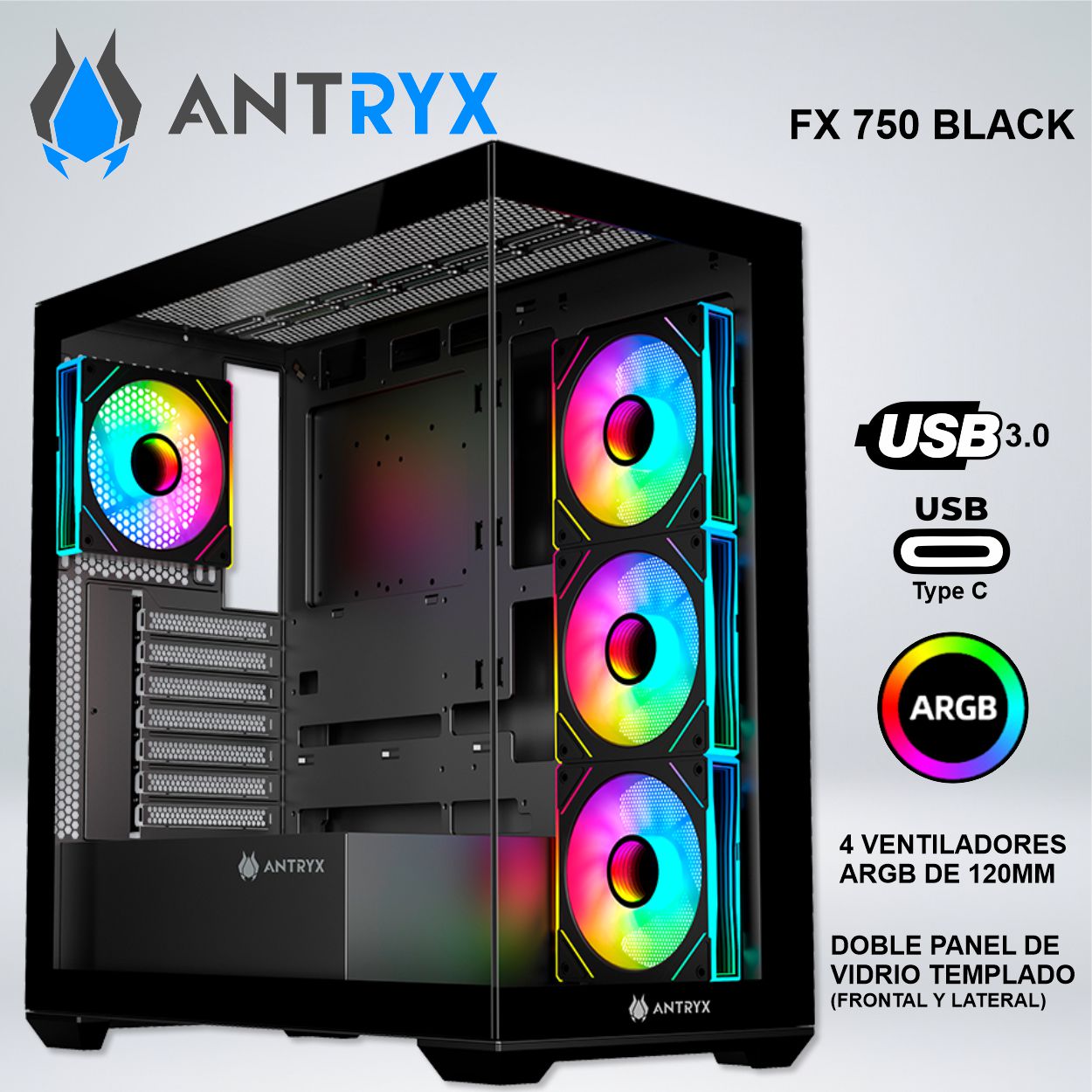 CASEE3 CASE ANTRYX FX 750 BLACK, ARGB FAN X4, USB TIPO-C (ACFX750K) - Imagen 1