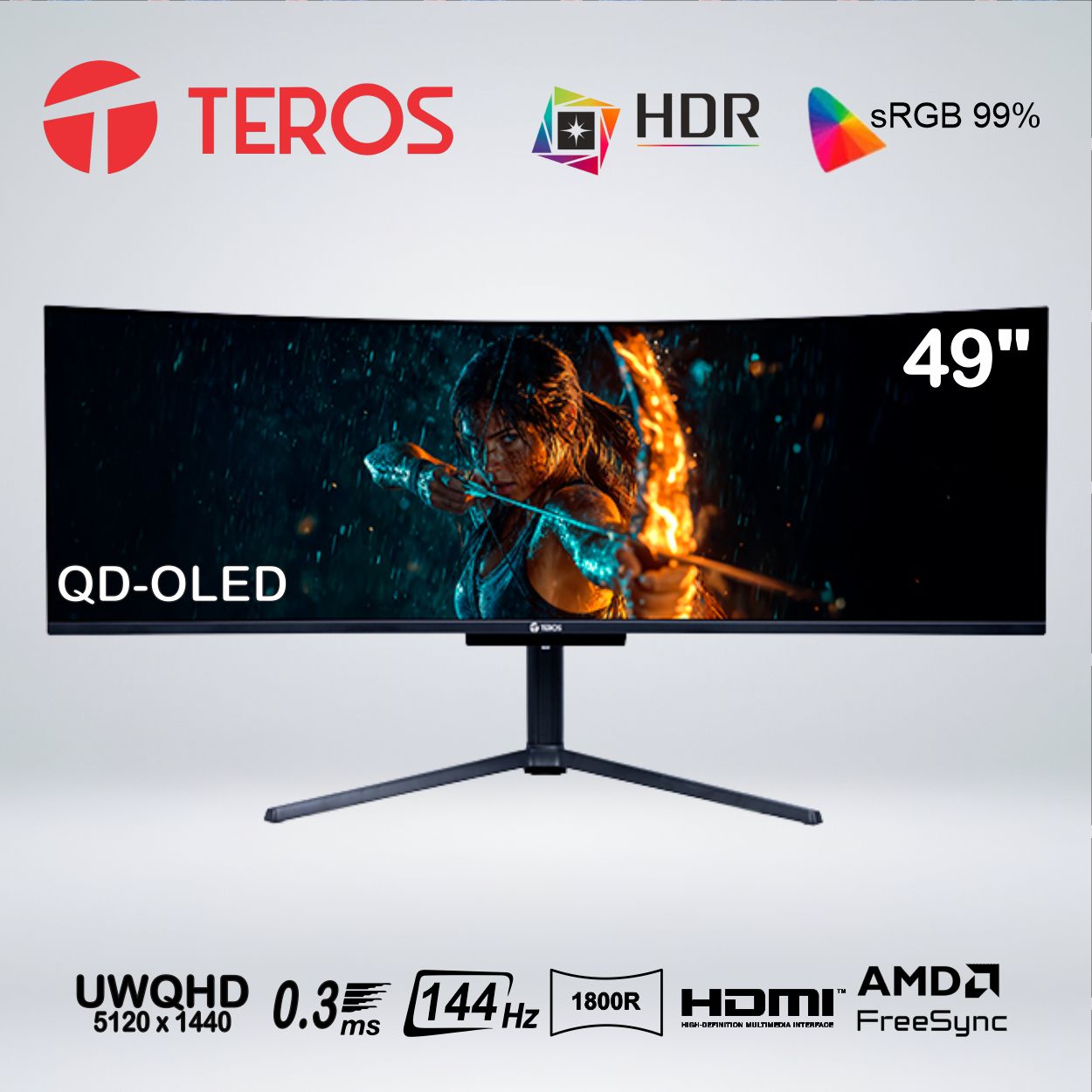 MONITOR CURVO GAMING TEROS TE-4920G, 49″ UWQHD QD-OLED, 144HZ, 0.03MS, HDMI, DP, AUDIO OUT
