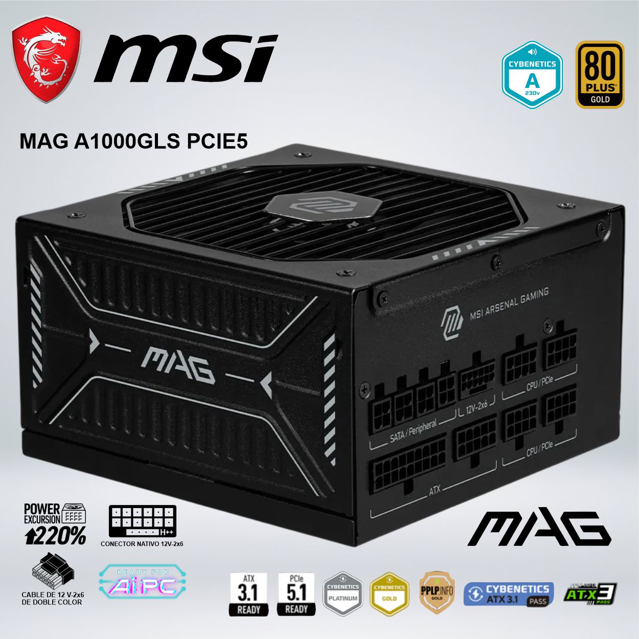FUENTE DE ALIMENTACIÓN MSI MAG A1000GLS PCIE5 1000W 80 PLUS GOLD