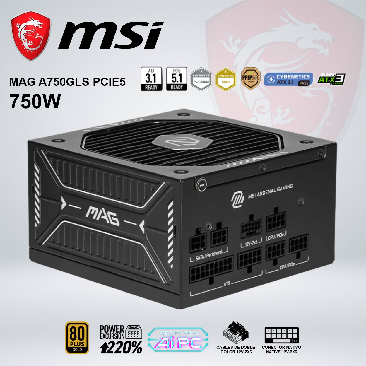FUENTE FUENTE DE ALIMENTACIÓN MSI MAG A750GLS PCIE5 750W 80 PLUS GOLD - Imagen 1