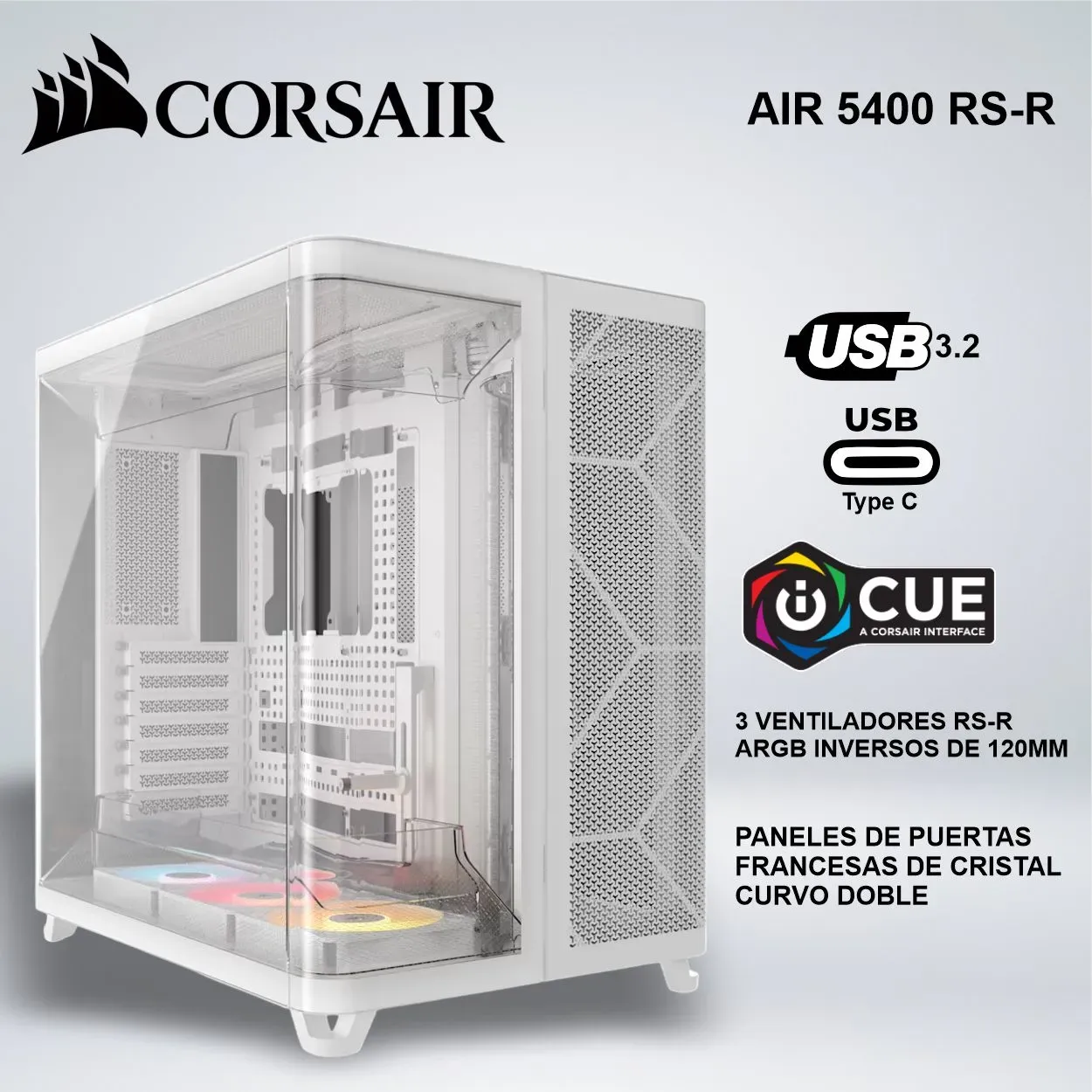 154942723_01 CASE CORSAIR AIR 5400 RS-R BLANCO PANELES TIPO PUERTA FRANCESA VENTILADORES RS-R ARGB - Imagen 1