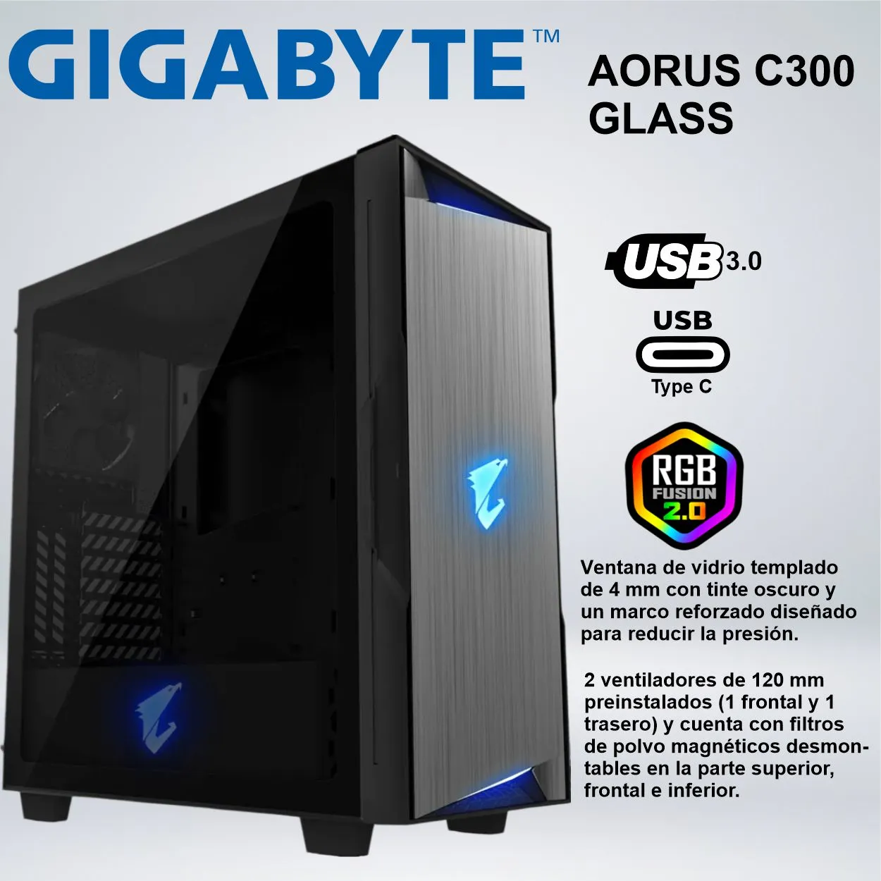 155304205_01 CASE MID TOWER GIGABYTE AORUS C300 GLASS ARGB - Imagen 1