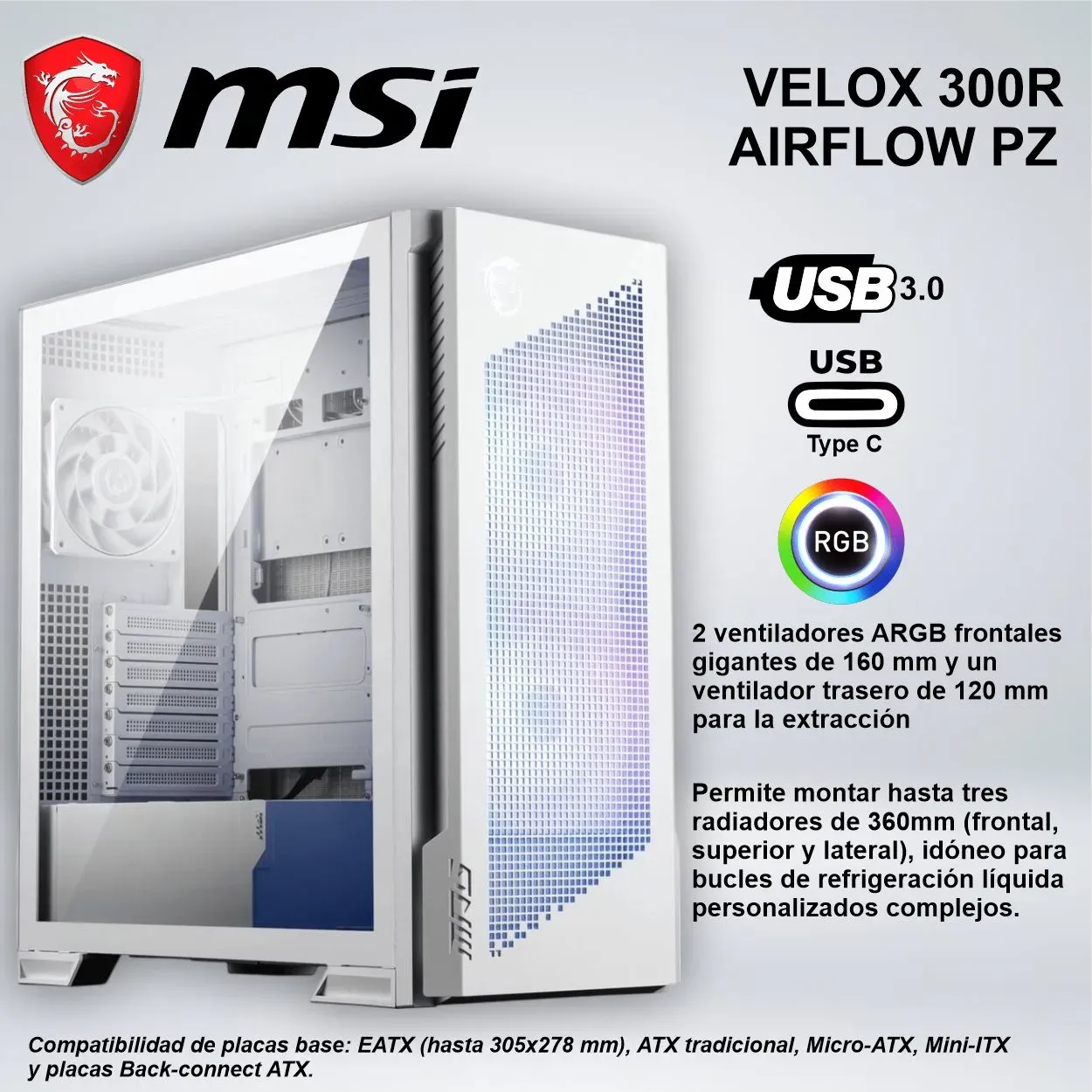 156525857_01 CASE MID TOWER MSI VELOX 300R AIRFLOW PZ PANEL FRONTAL DE MALLA METALICA WHITE - Imagen 1