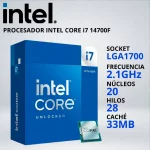 PROCESADOR INTEL CORE i7-14700F LGA1700 2.1/5.4 GHz 33MB FAN-COOLER - 036310.